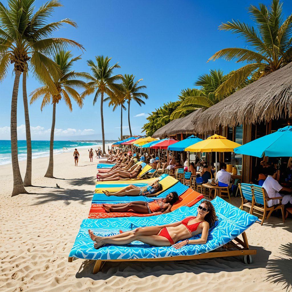 A vibrant beach scene showcasing diverse adults in the latest swimwear trends. Include sunbathers lounging on colorful beach towels, a surfboard propped against sand dunes, and palm trees swaying under a clear blue sky. Incorporate a stylish beach bar in the background serving tropical drinks. Ensure the swimwear reflects a mix of bold patterns and trendy designs. vibrant colors. super-realistic.